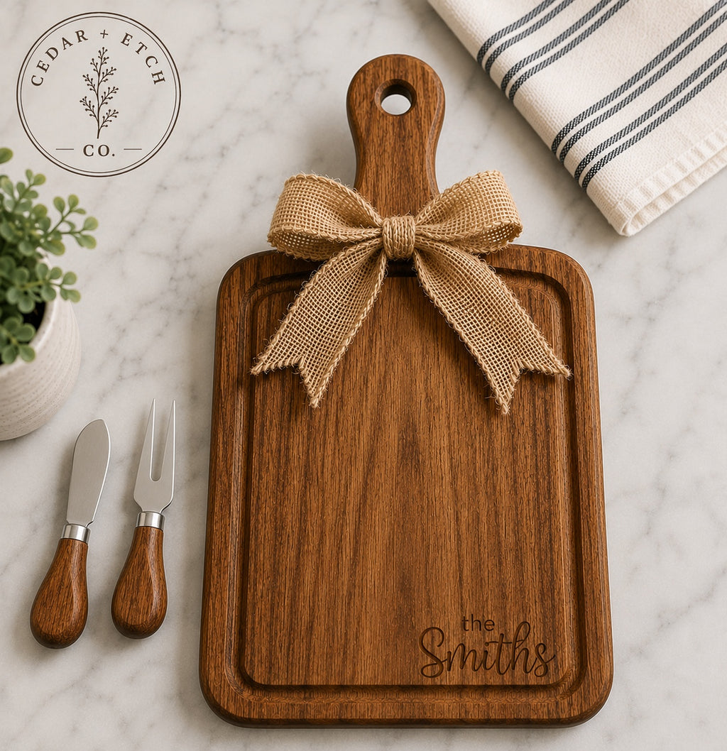 Personalized wood cheese serving board with custom family name