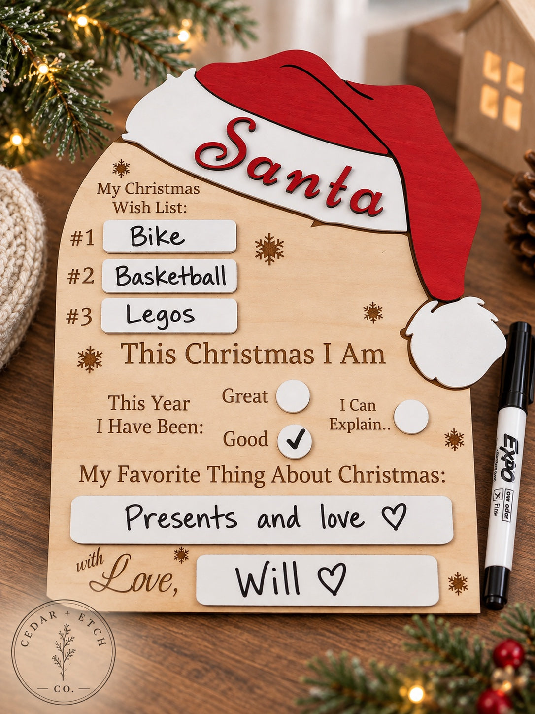 Santa Christmas wish list reusable dry-erase wood board