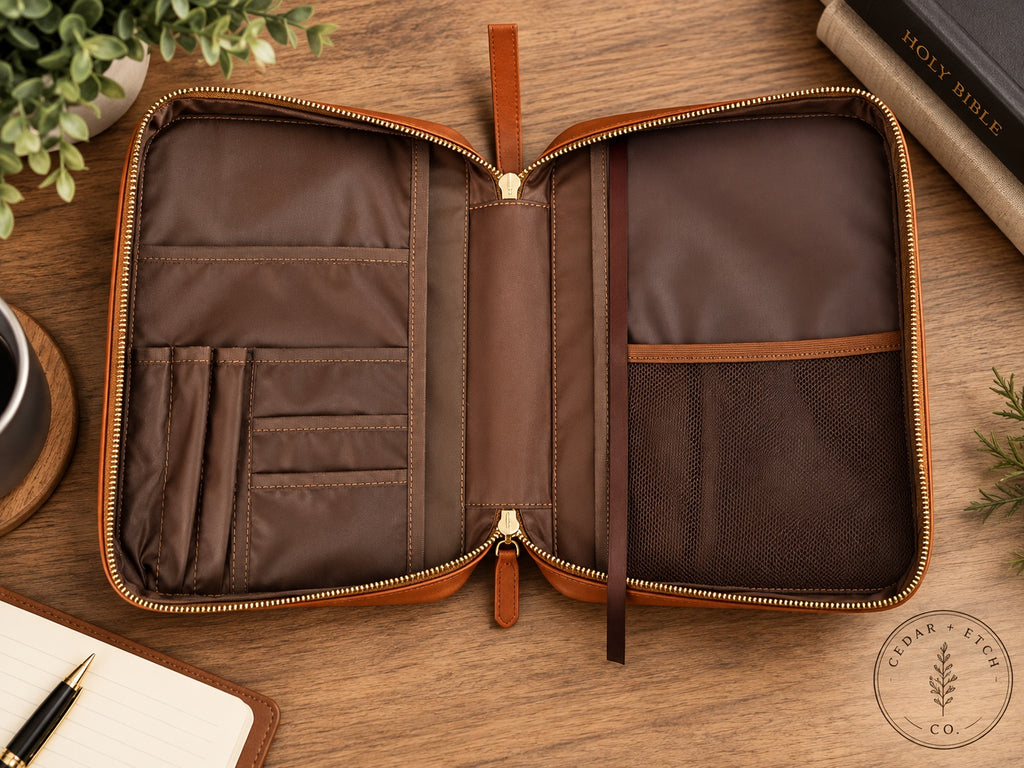 Custom engraved Bible cover organizer detail