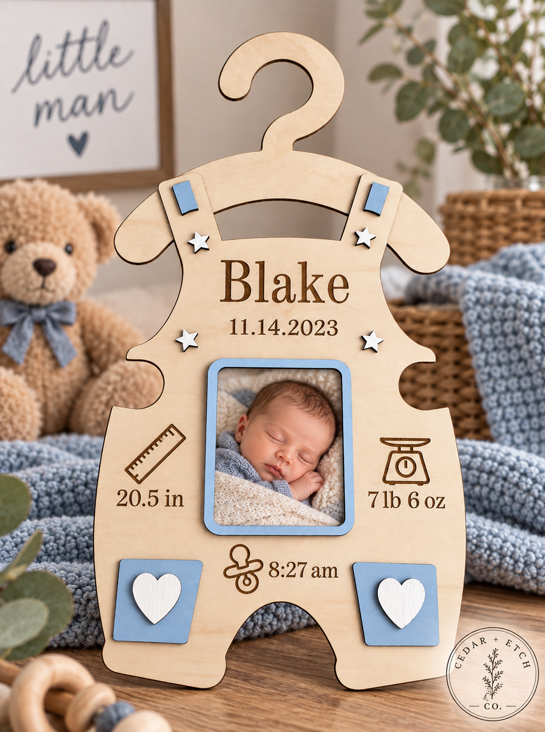 Personalized newborn birth stats keepsake hanger for baby boy