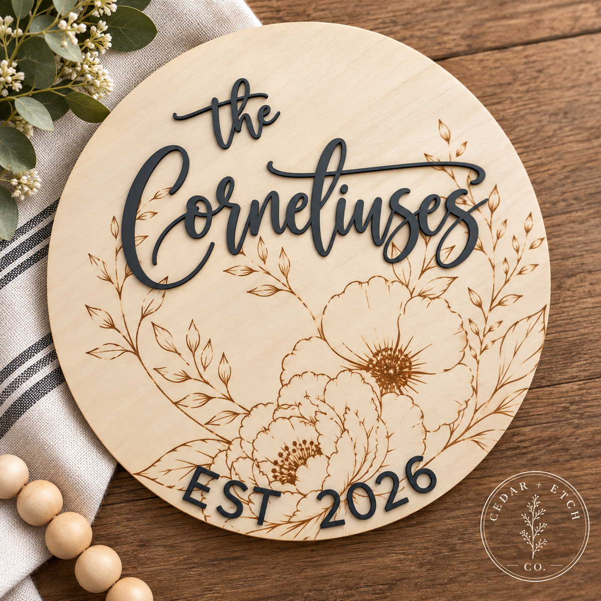 Personalized family name wood sign with established date