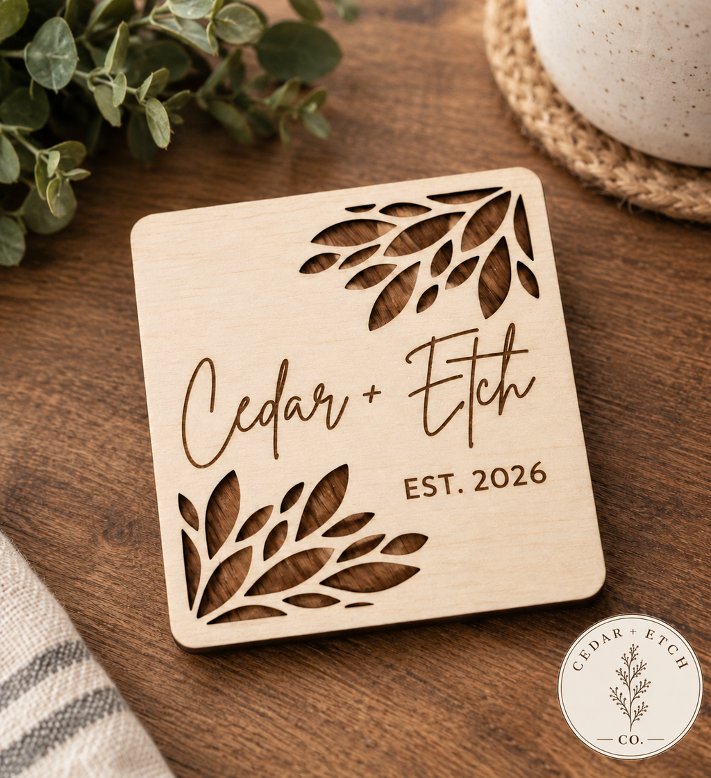 Custom family name wood coaster set for home or wedding gift