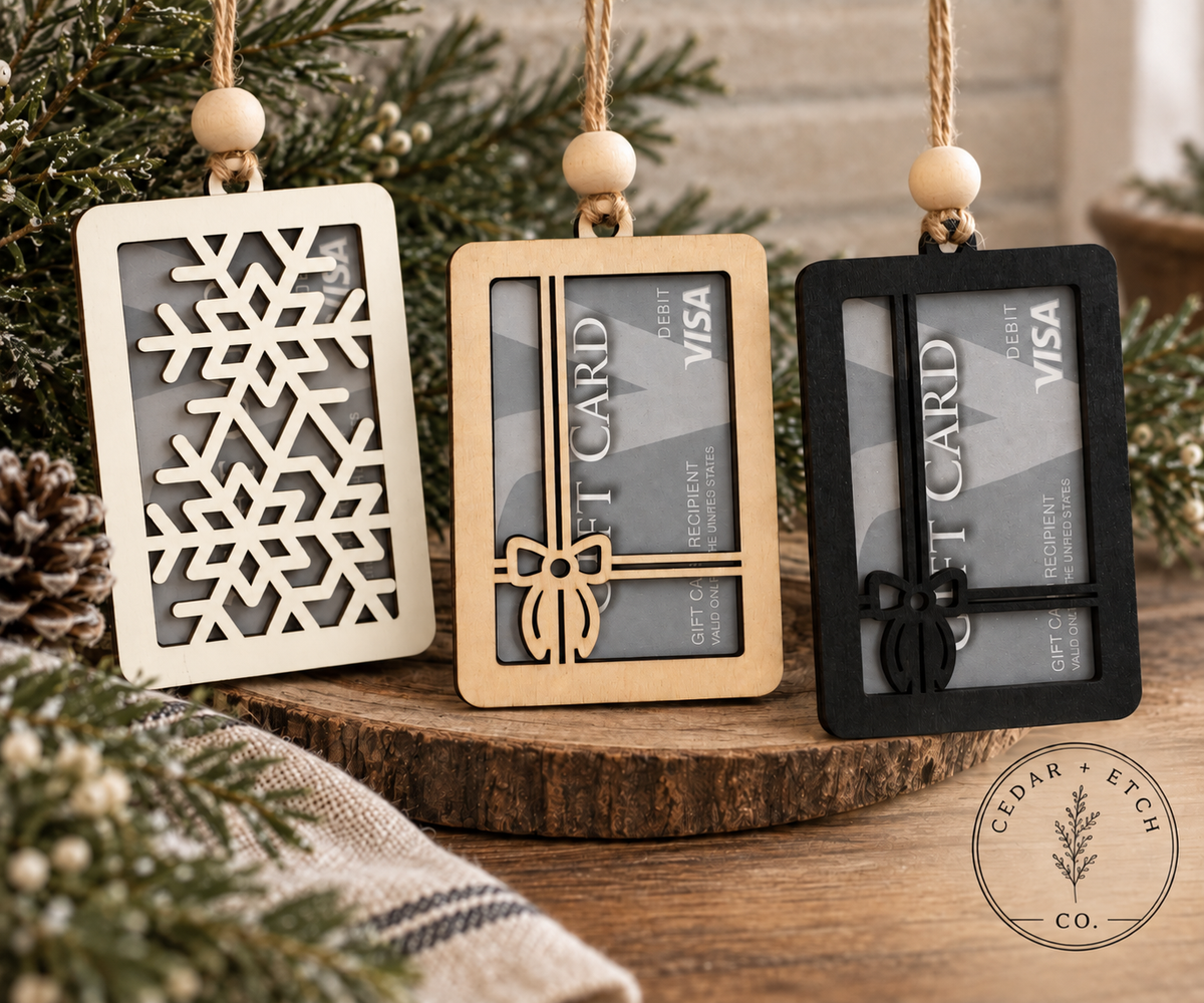 Wood Christmas gift card holder ornament with jute hanger