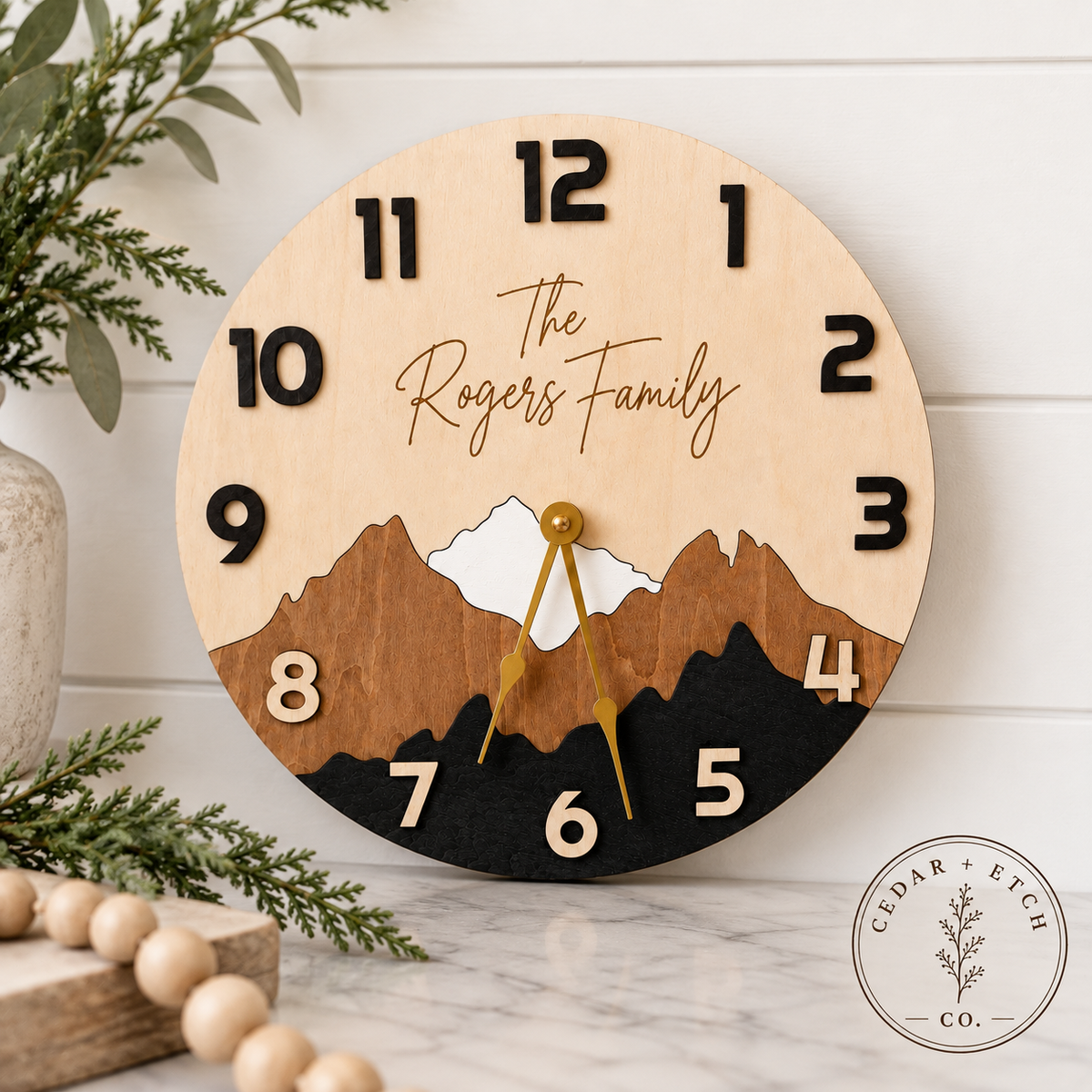 Personalized mountain wood clock displayed as home decor