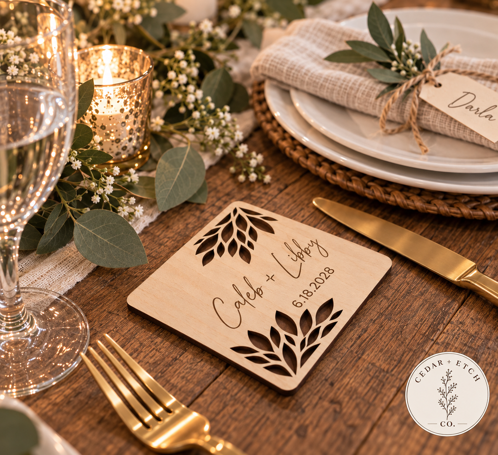 Custom engraved wedding favor coasters on reception table