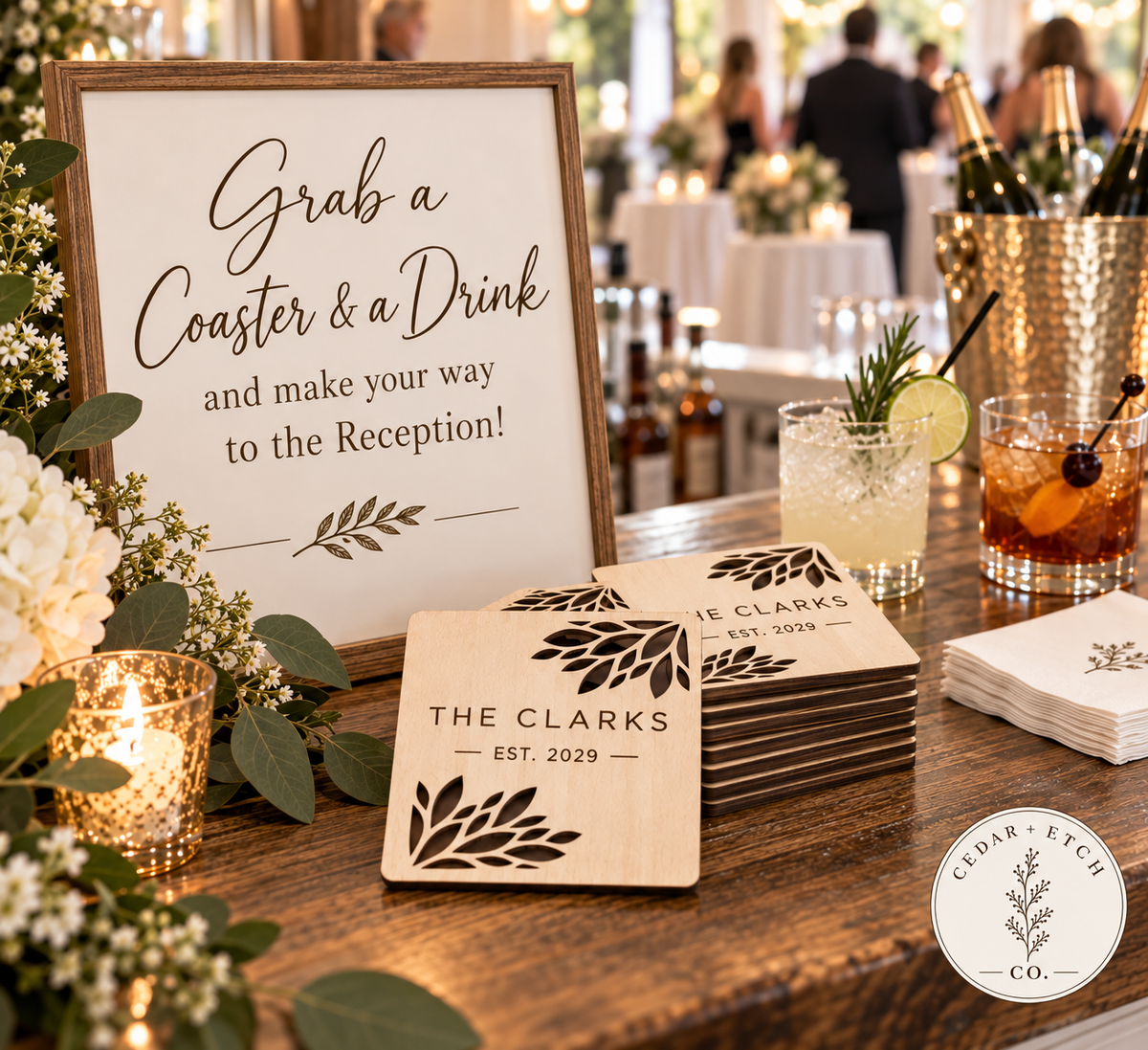 Personalized wood coasters displayed at wedding cocktail hour