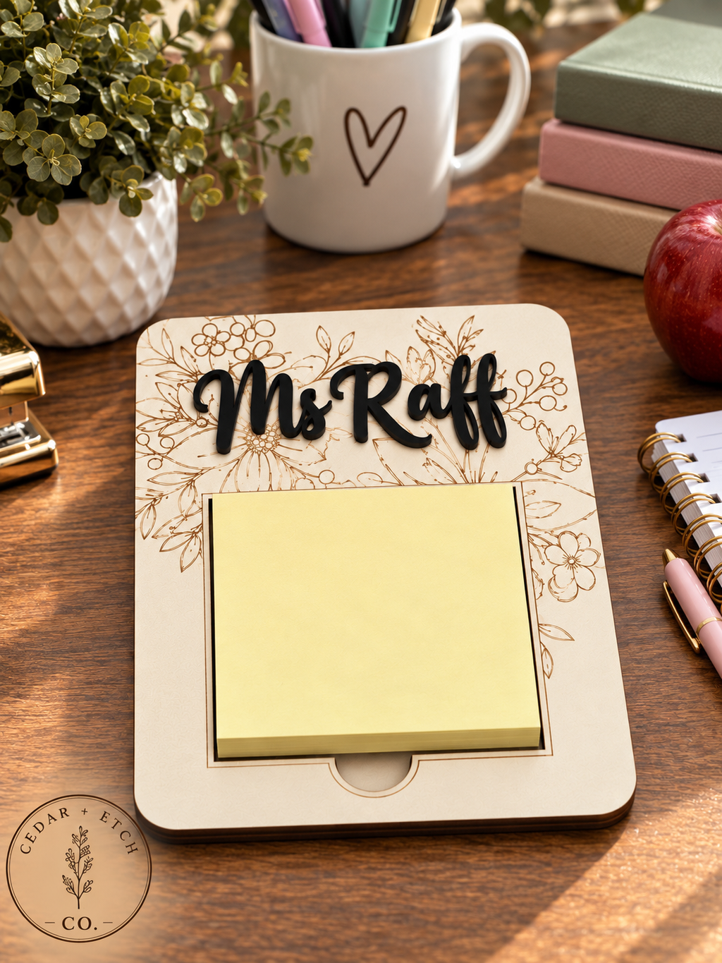Custom sticky note holder displayed on teacher desk