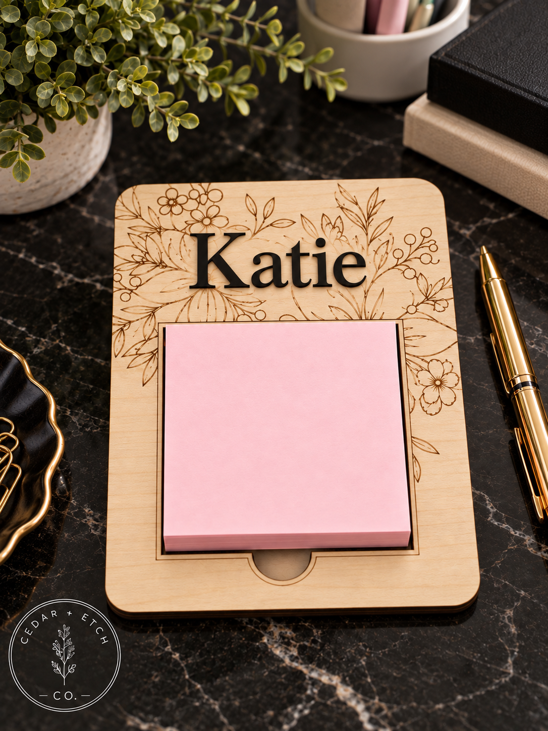 Personalized wood sticky note holder desk accessory