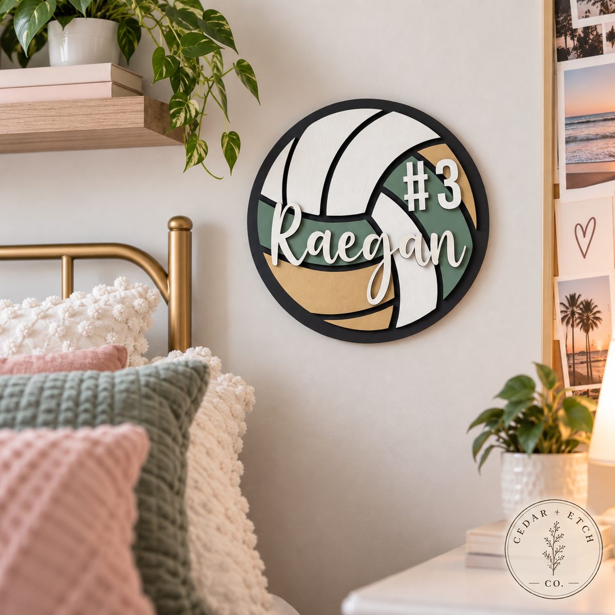Custom athlete sports sign displayed on bedroom shelf
