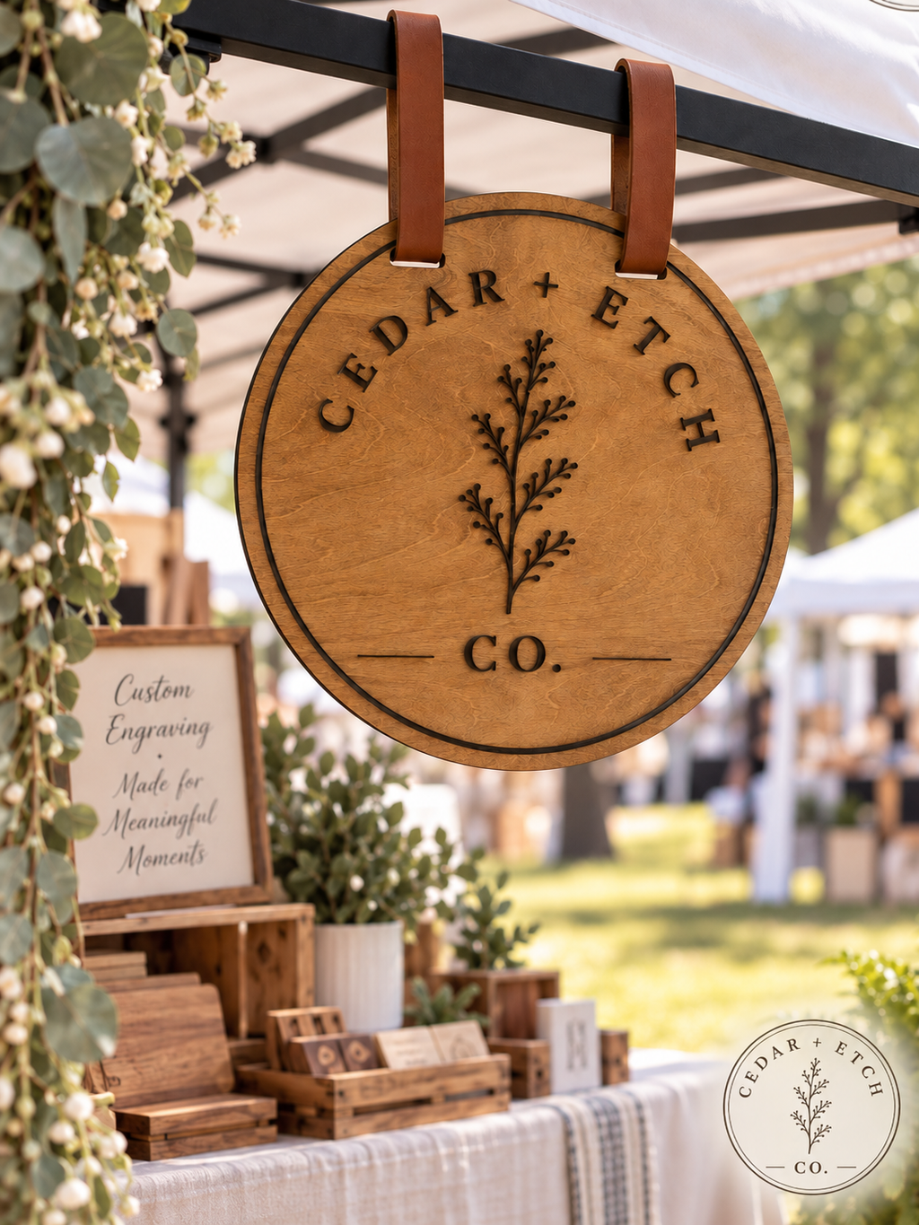 Custom magnetic hanging business sign displayed at market booth