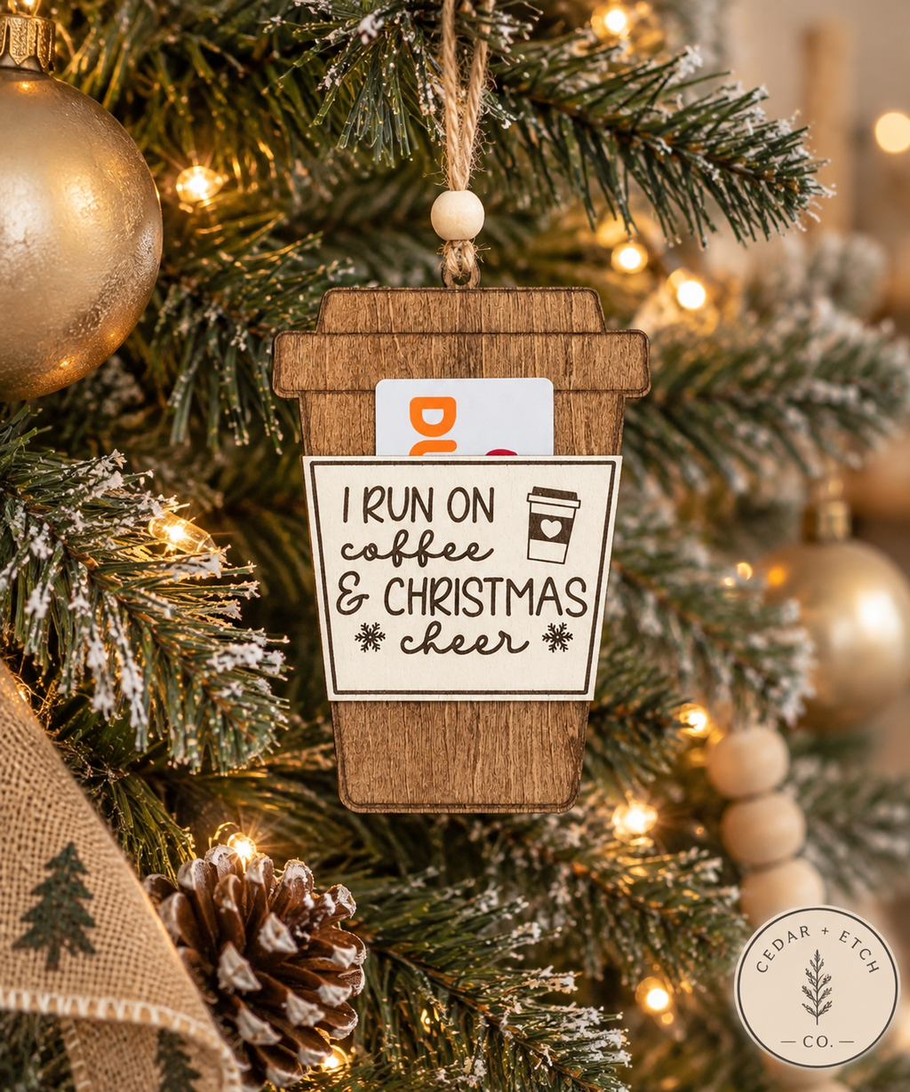 Wood latte gift card holder ornament hanging on Christmas tree