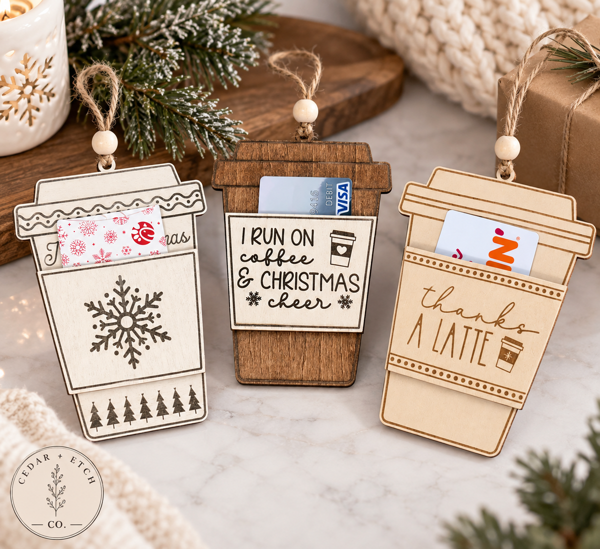 Wood coffee cup gift card holder Christmas ornaments