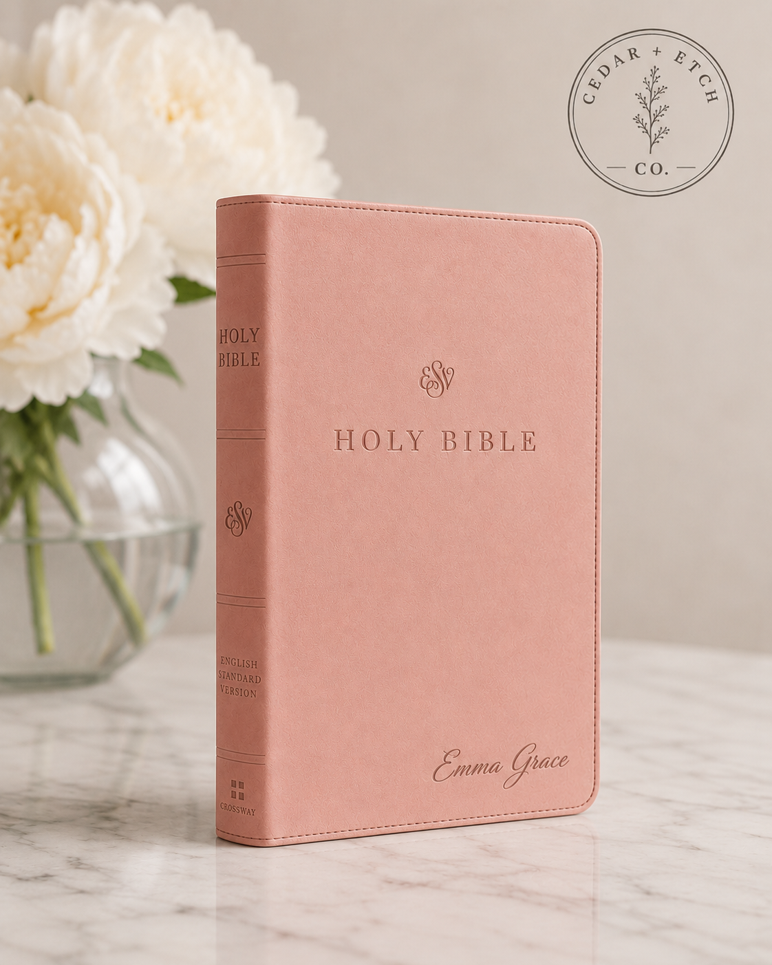 Personalized pink TruTone ESV Bible with custom engraving