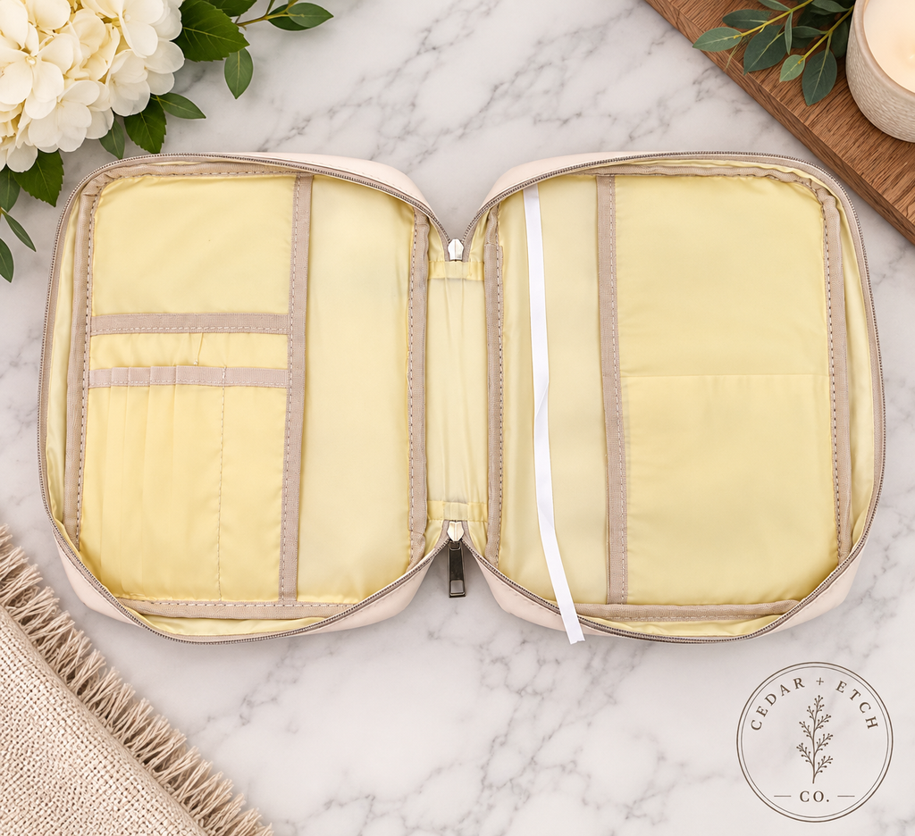 Cream and brown Bible study organizer with zip closure and handles