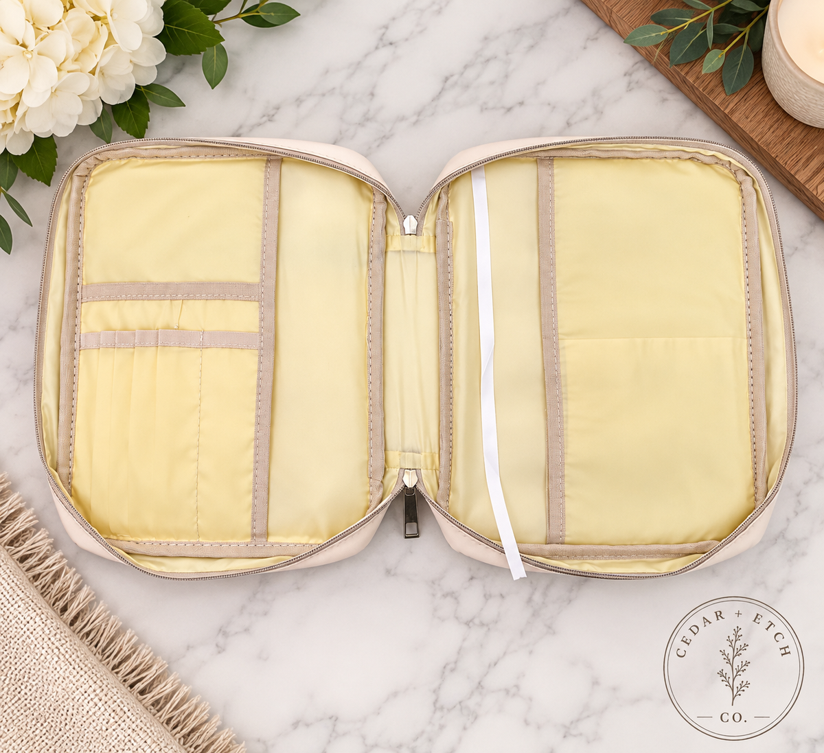 Cream and brown Bible study organizer with zip closure and handles