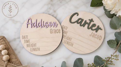 Personalized wood baby birth stats sign with newborn details