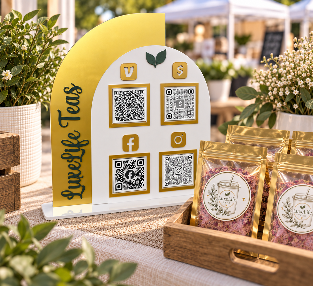 Custom QR code sign displayed at a vendor market booth