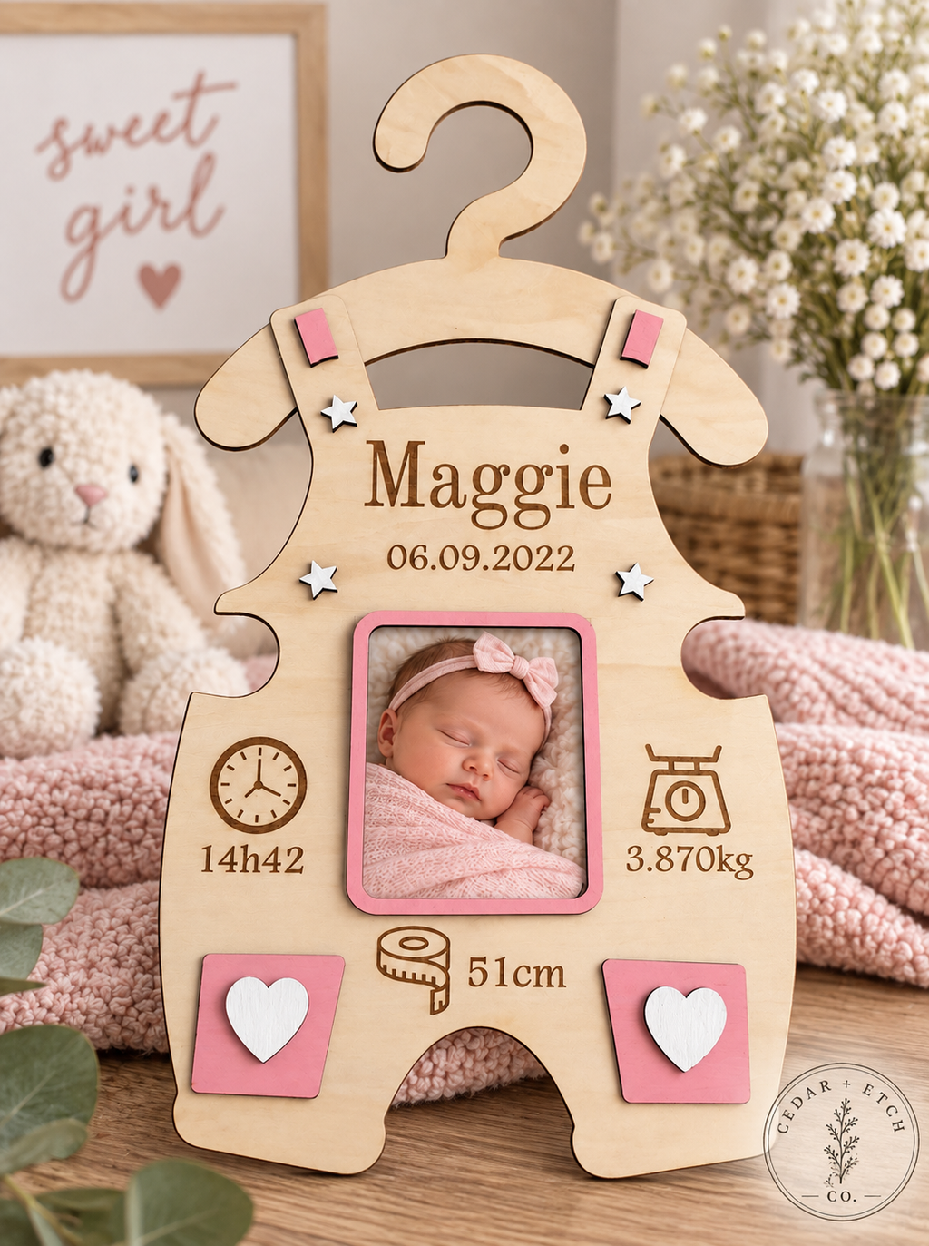 Personalized baby birth stats keepsake hanger for baby girl