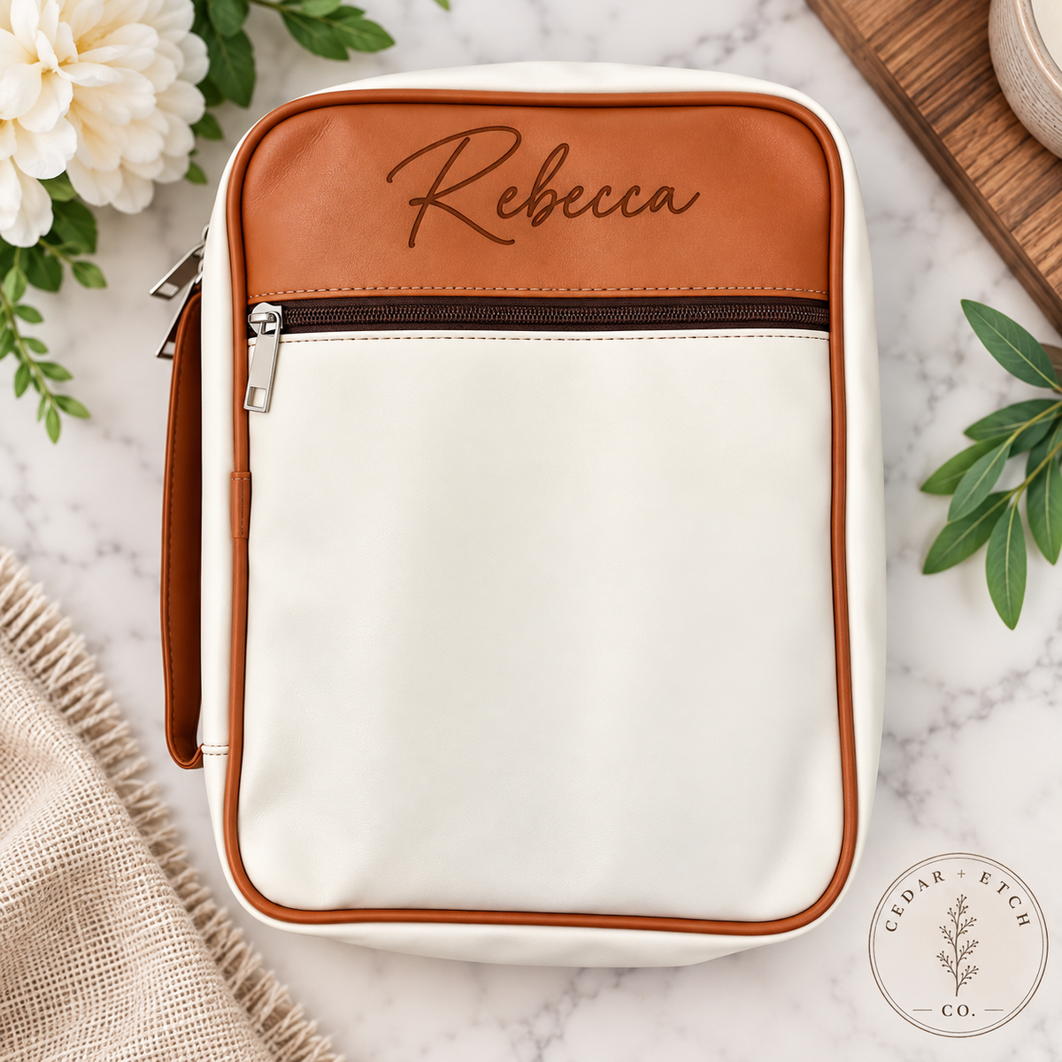 Personalized two-tone Bible cover with custom engraved name