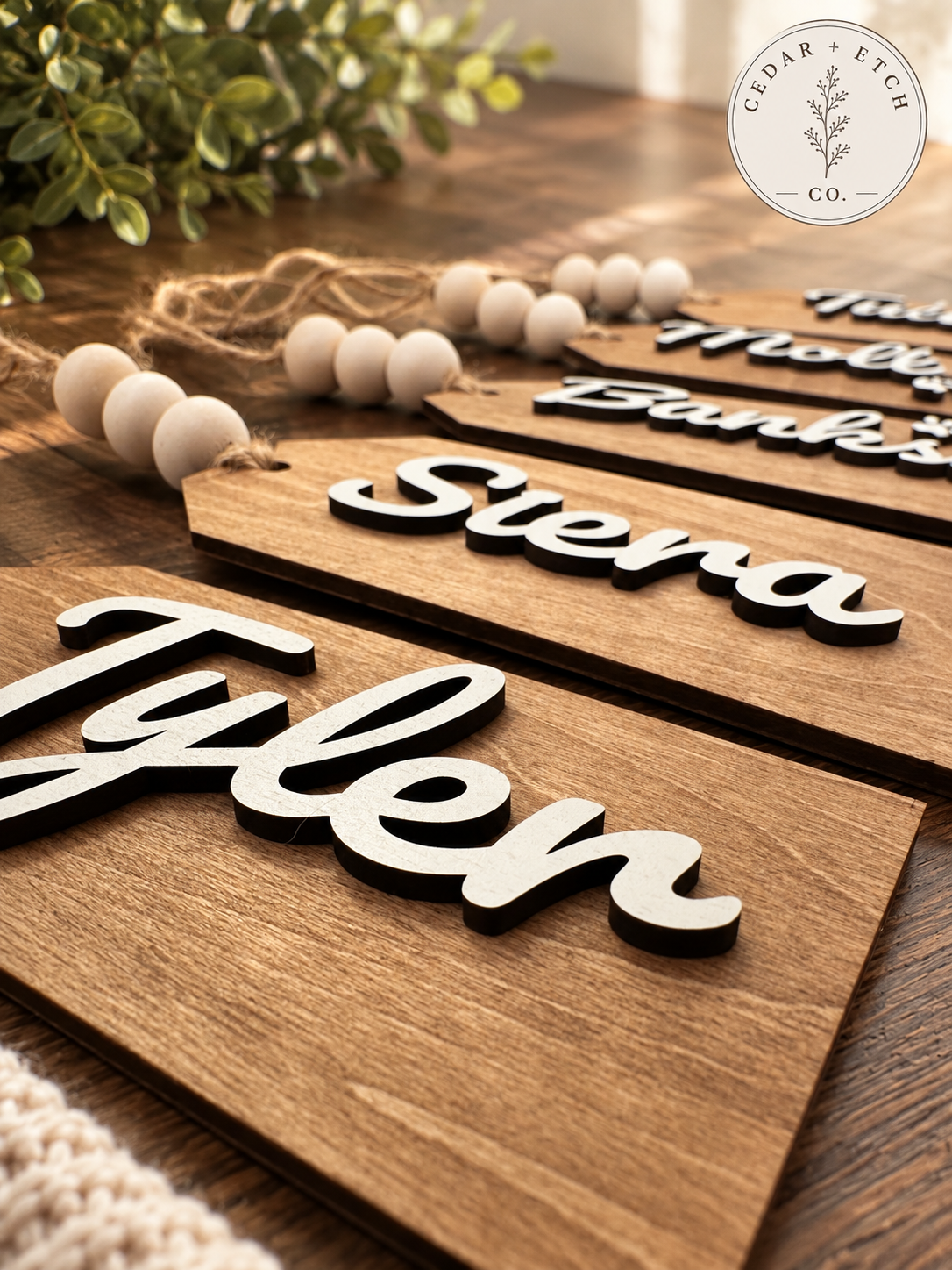 Rustic personalized wooden name tag for Christmas stocking
