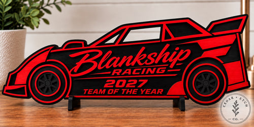 Custom black and red race car shaped corporate plaque for Blankship Racing
