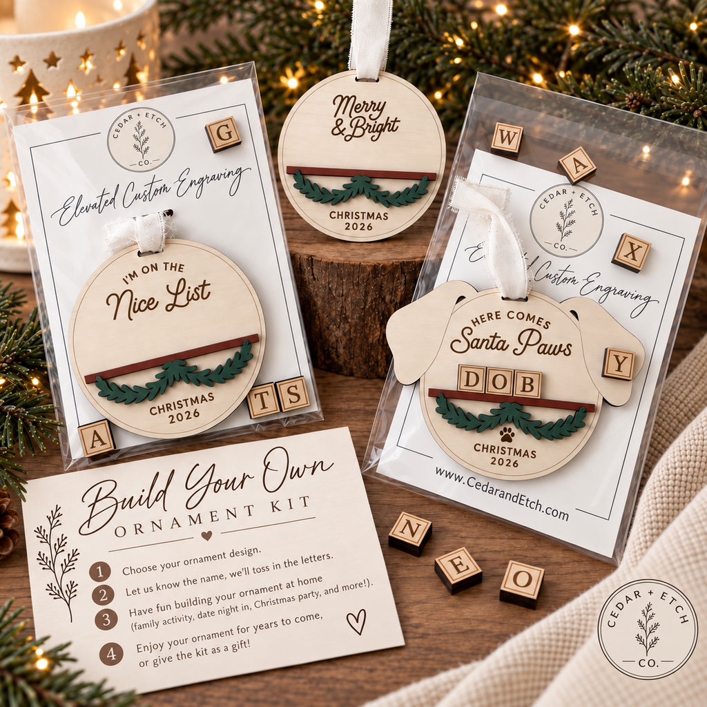 Cedar + Etch Co. build your own personalized wood ornament kits