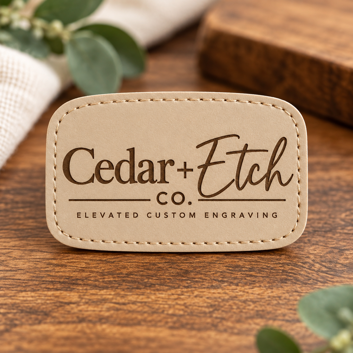 Cedar + Etch custom engraved leatherette hat patch with heat press adhesive backing