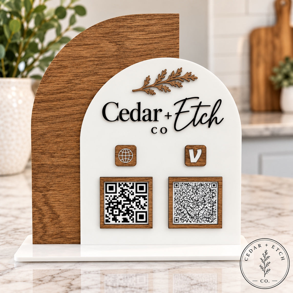 Custom Cedar + Etch acrylic QR code business sign