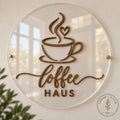 Custom 17 inch clear round business wall sign with raised stained wood lettering and gold hardware