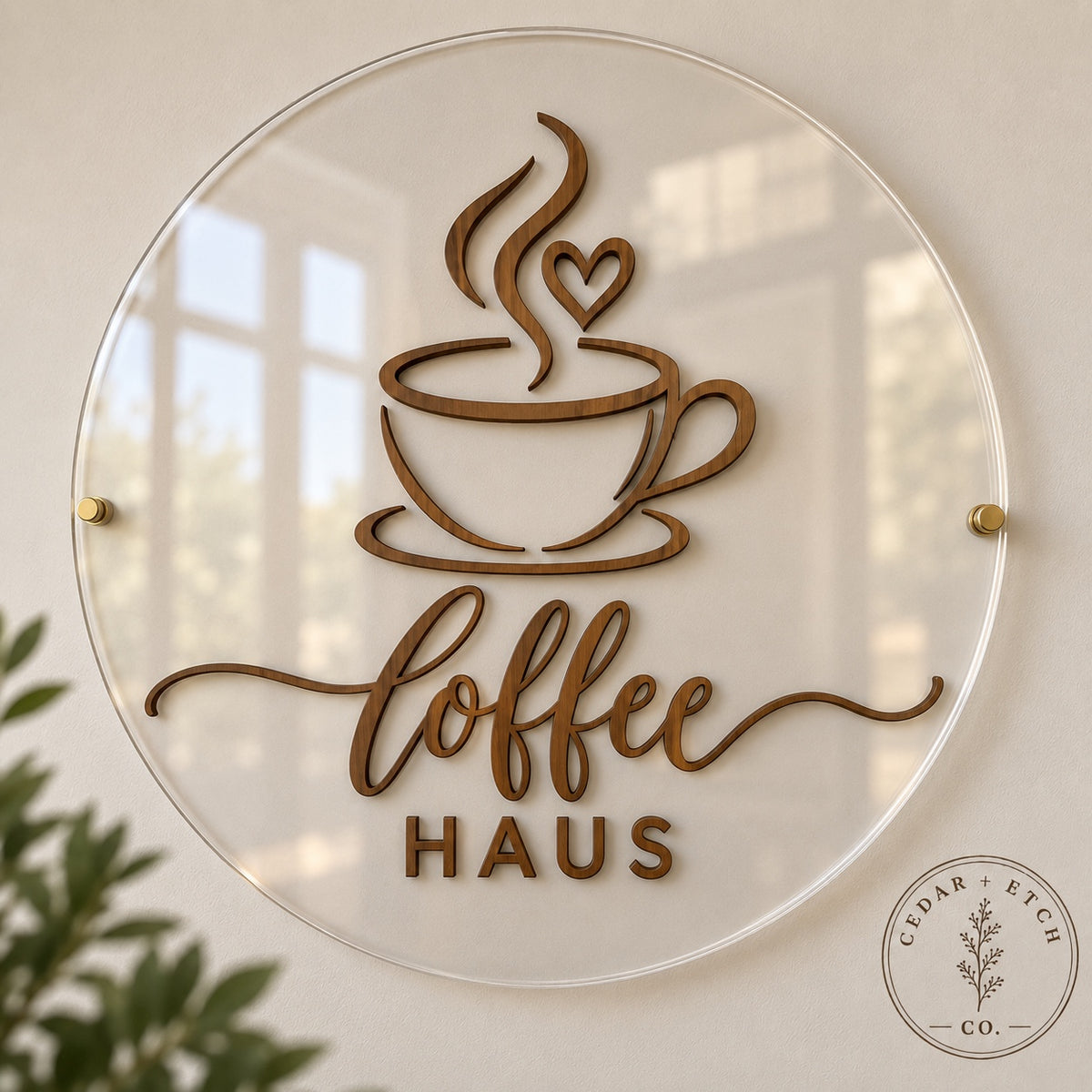 Custom 17 inch clear round business wall sign with raised stained wood lettering and gold hardware