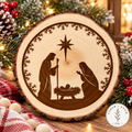 Engraved nativity wood slice holiday decor