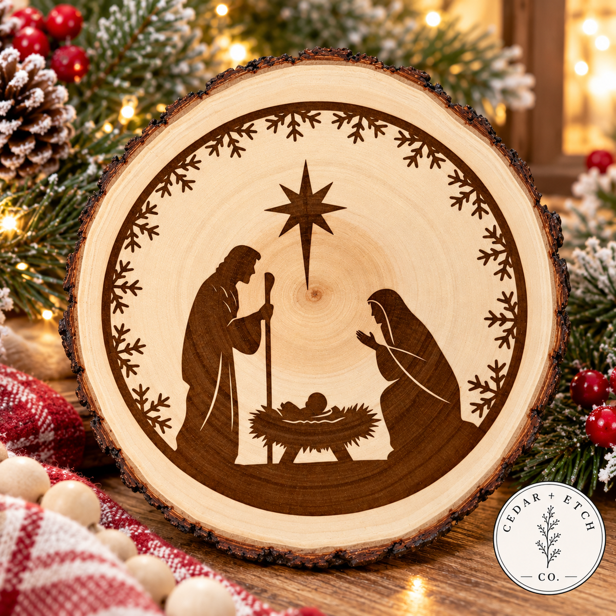 Engraved nativity wood slice holiday decor