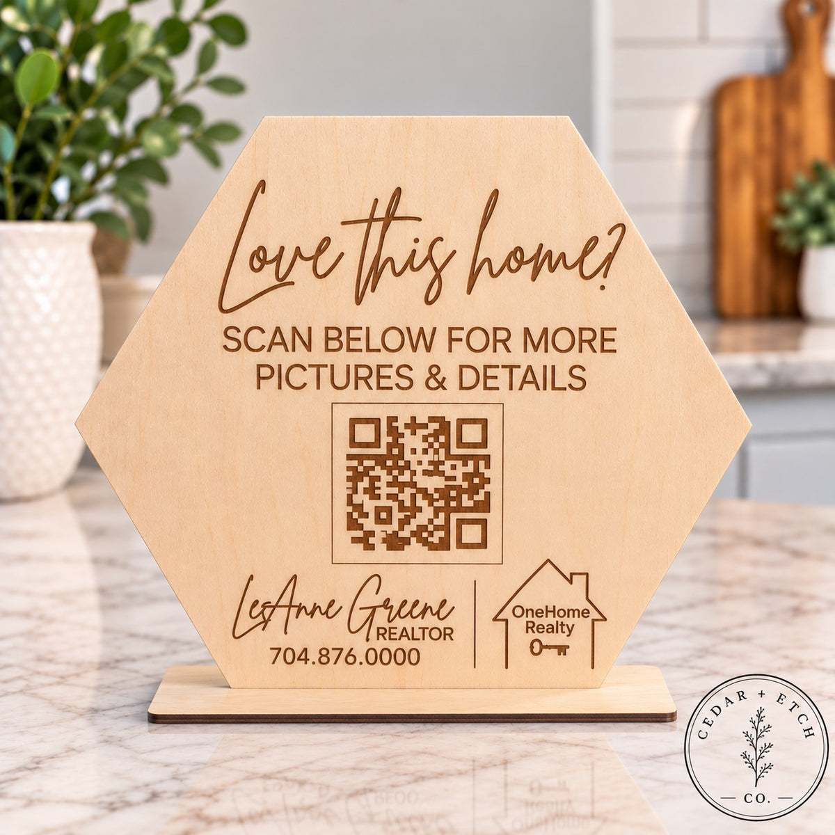 Engraved wood QR code sign in hexagon shape