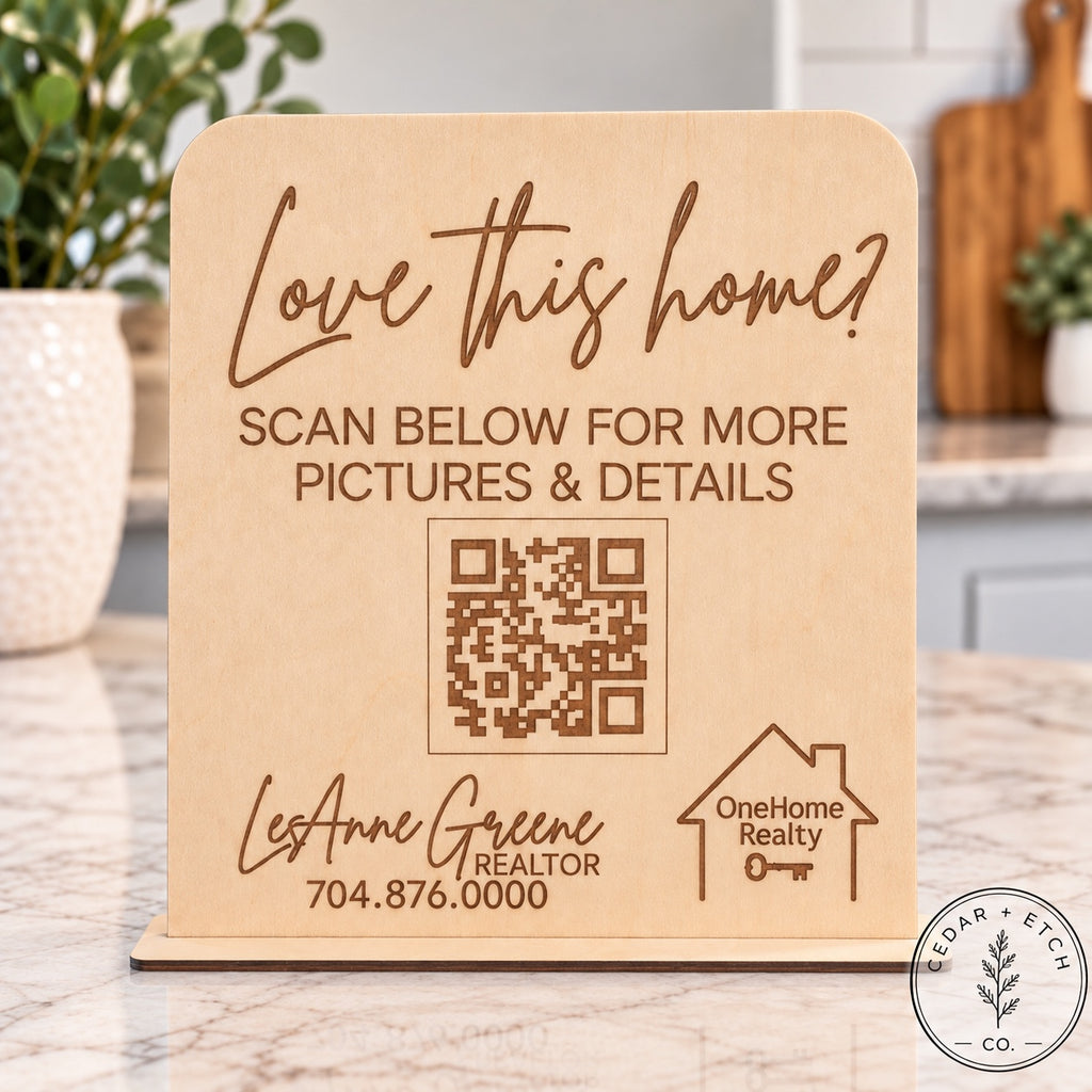 Engraved wood QR code sign in rounded rectangle shape