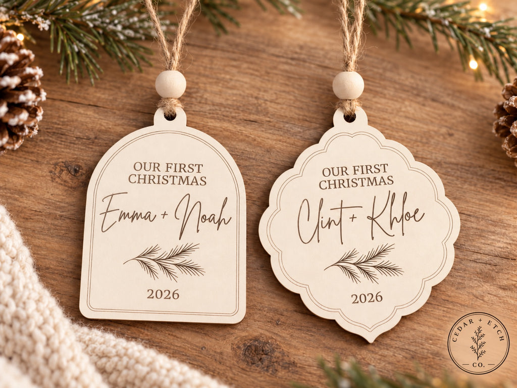 Newlywed First Christmas Ornaments in Rounded Cathedral and Scalloped styles