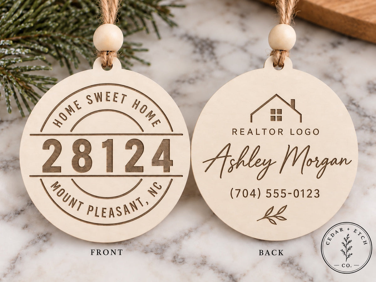 Two-sided personalized realtor closing gift ornament with ZIP code on front and realtor logo name and contact information on back