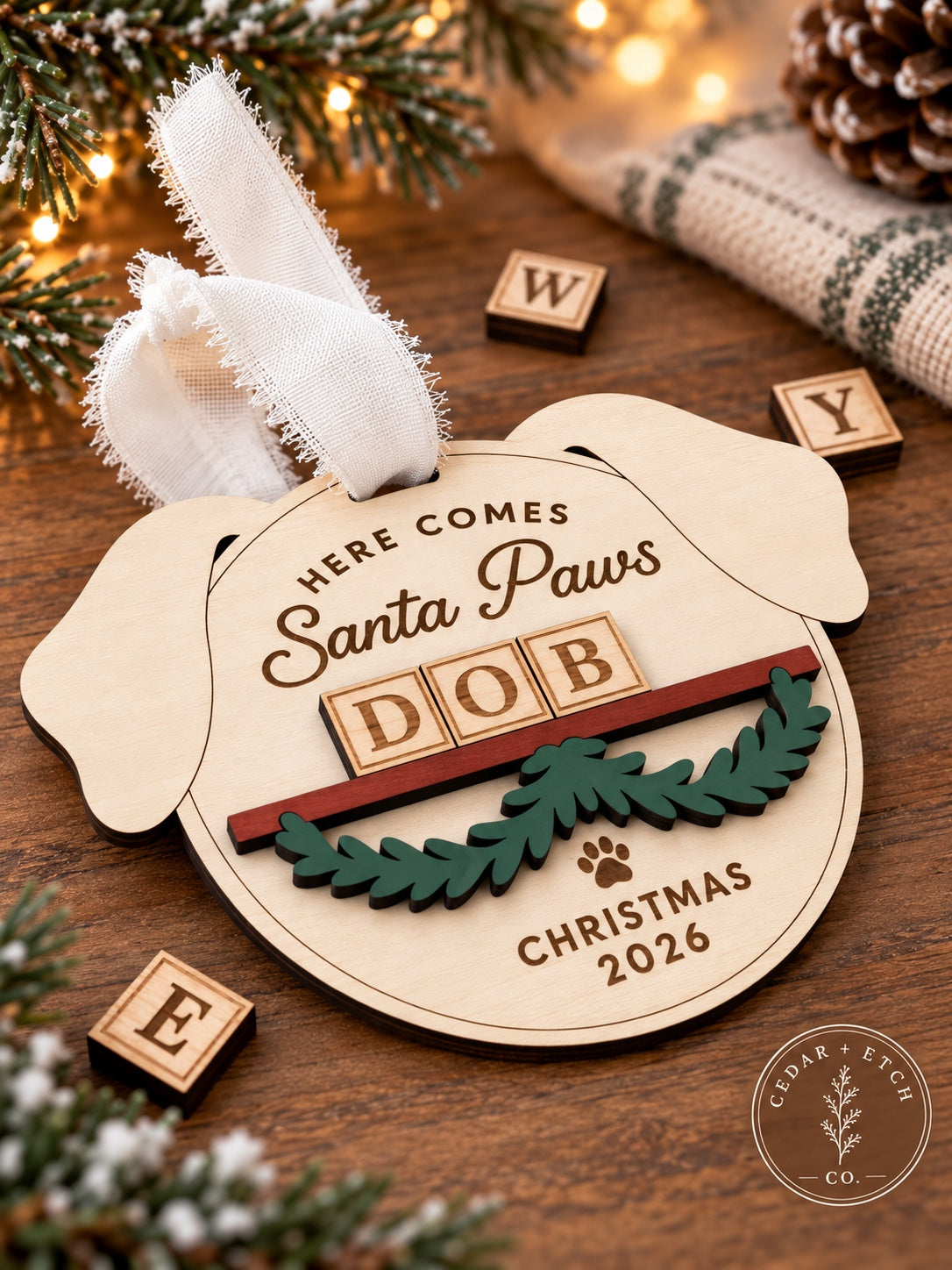 Santa Paws personalized wood ornament with letter tiles